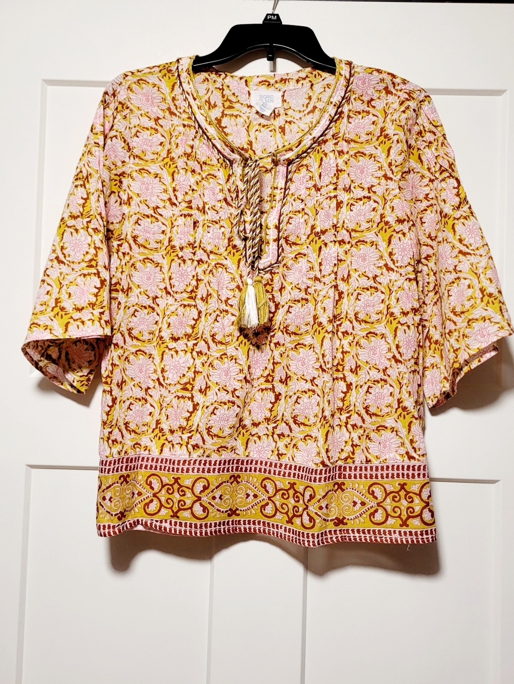 Sigrid Olsen Womens Tie Front Floral blouse Sz S Yellow Pink Boho Cottagecore